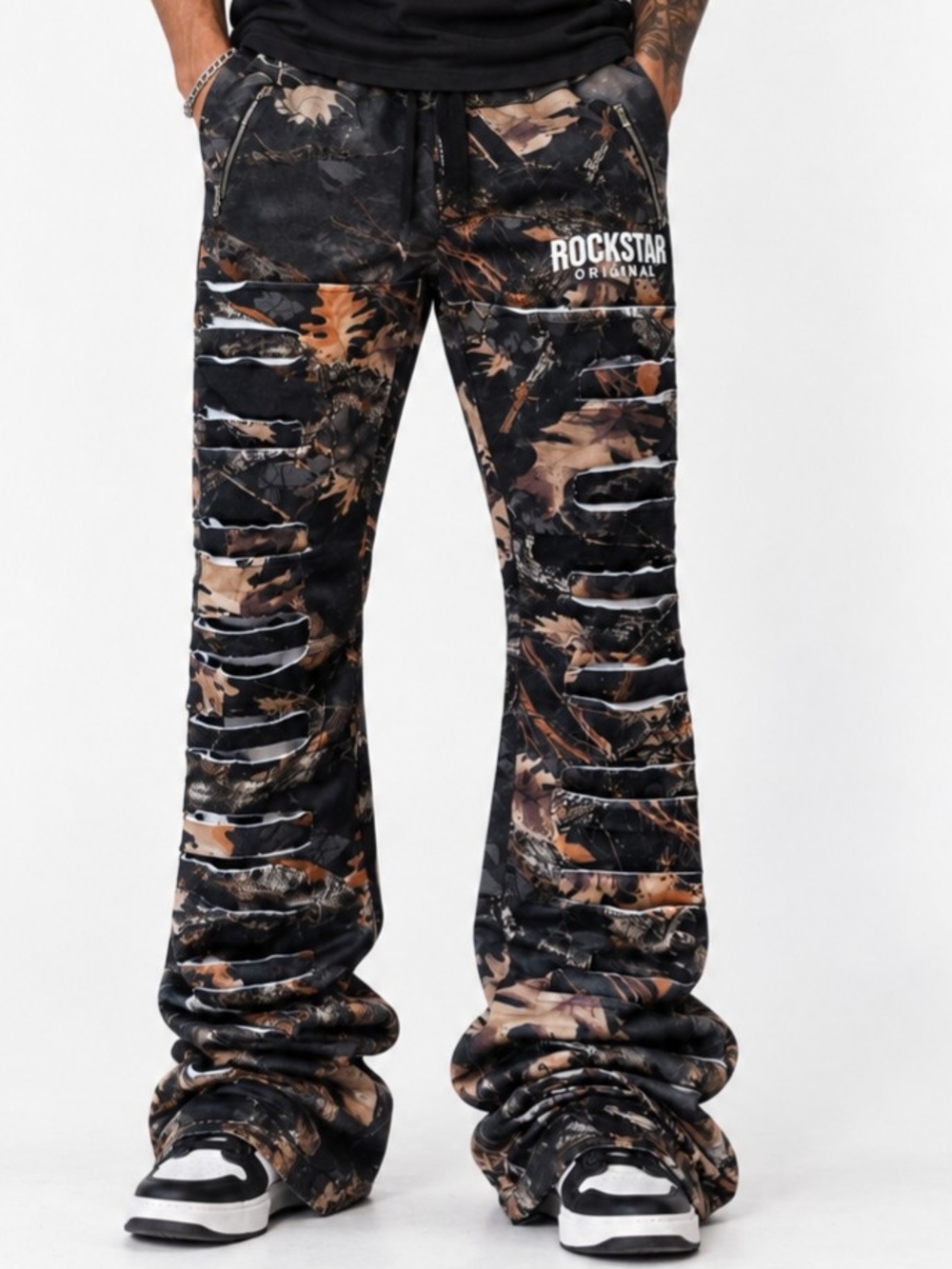 Rockstar Original Emilio XL Black Tree Camo Stacked Flare Distressed Pants NWT